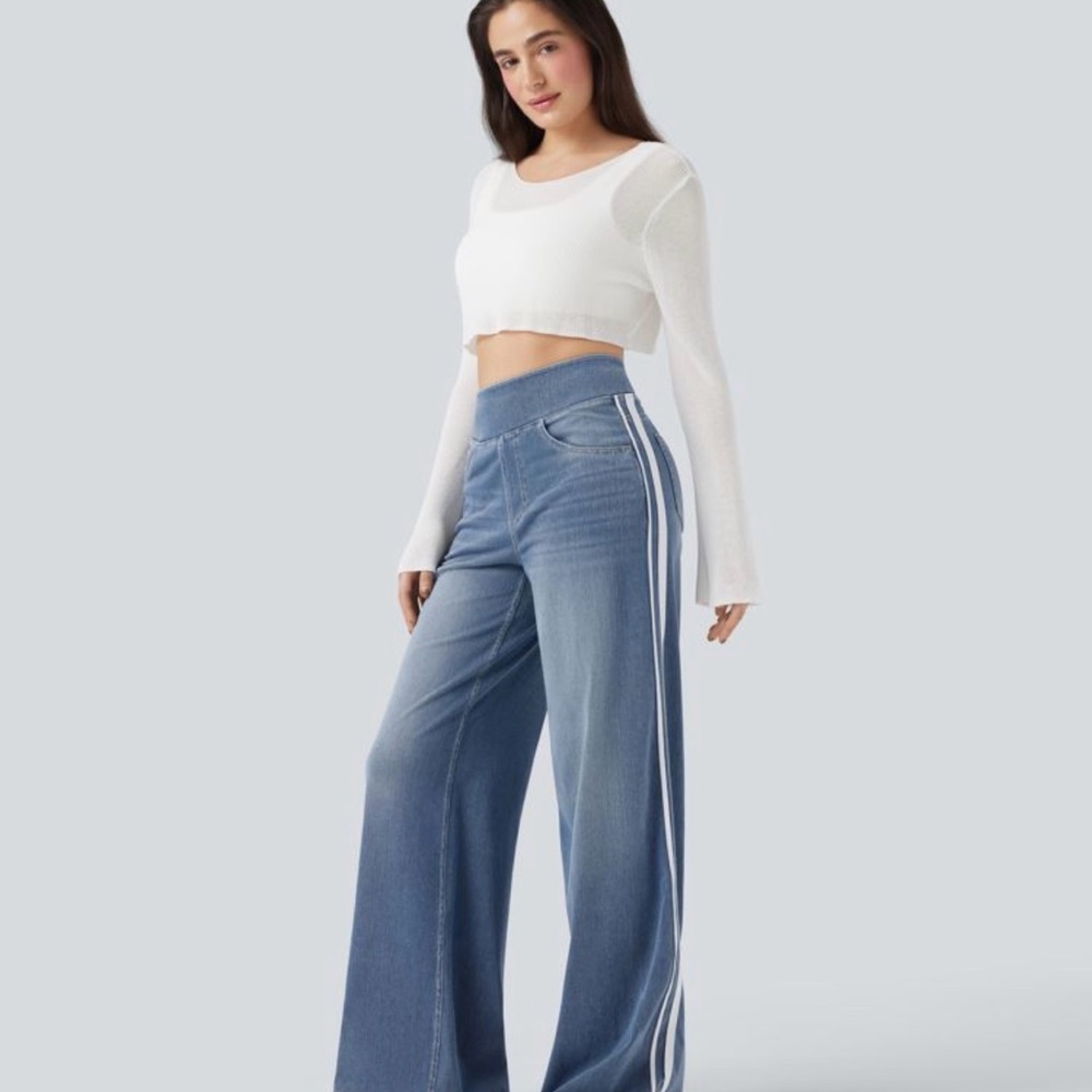 I0 Pairs - Halara Wide-Leg Side-Stripe Jeans - Light Blue
